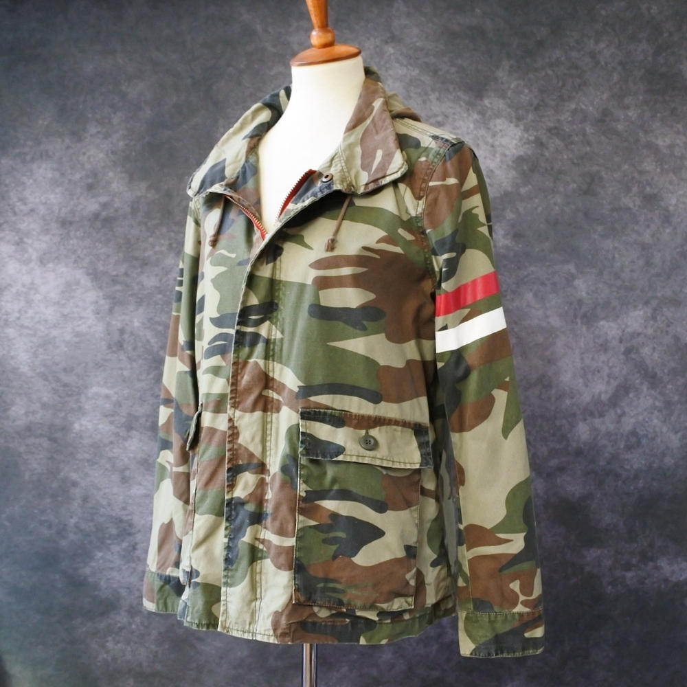 Zara Denim Camouflage Camo Military Hooded Zip Jacket Size L